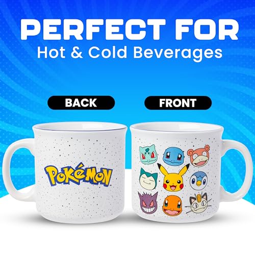 Silver Buffalo Pokemon Bulbasaur, Squirtle, Slowpoke, Snorlax, Pikachu, Piplup, Haunter, Charmander, and Meowth Camper Mug, 20 Ounces