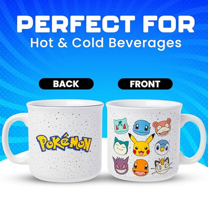 Silver Buffalo Pokemon Bulbasaur, Squirtle, Slowpoke, Snorlax, Pikachu, Piplup, Haunter, Charmander, and Meowth Camper Mug, 20 Ounces