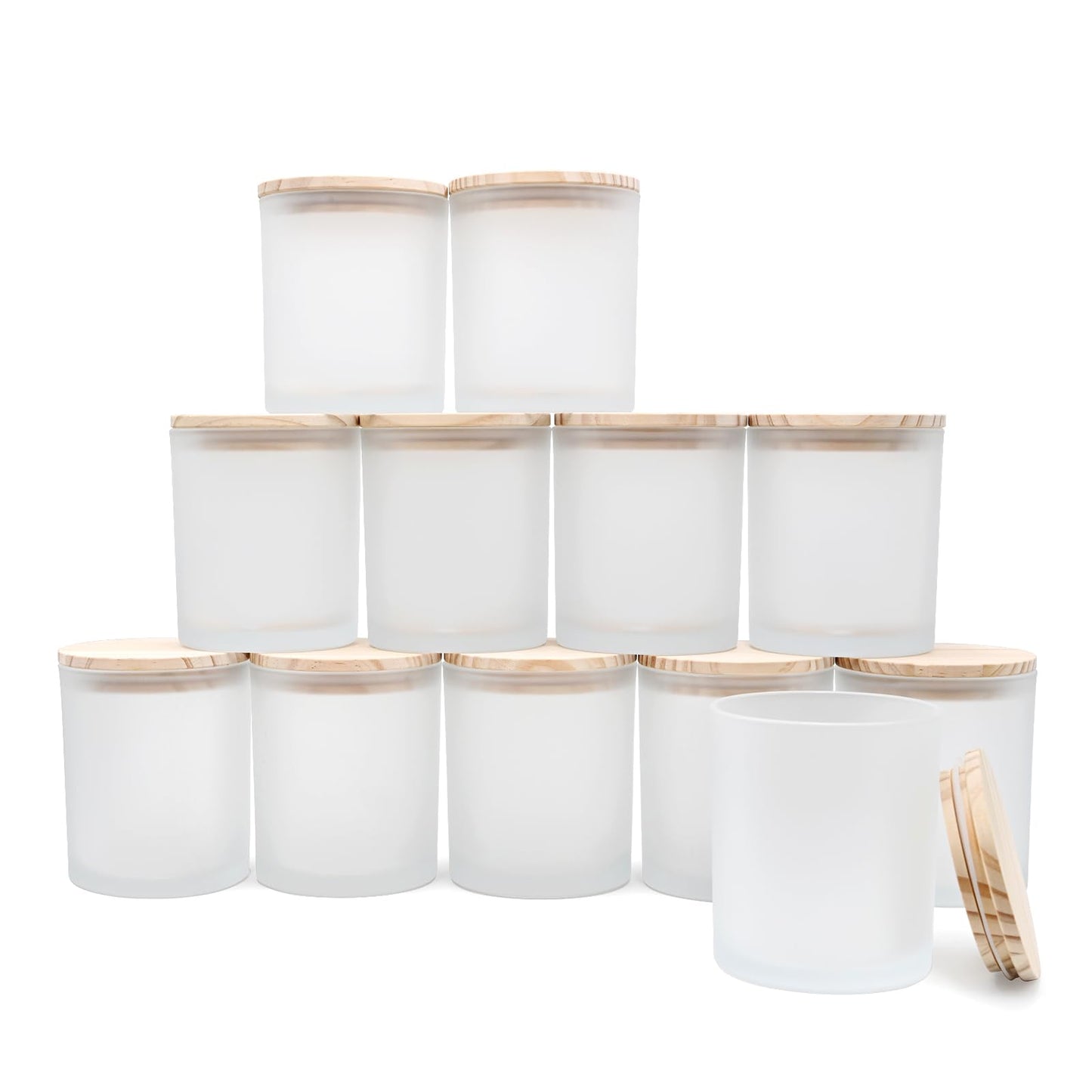 SHOWIN 14 OZ Thick Candle Jars for Making Candles 12 Pcs, 3 Wick Empty Jars with Wood Lids for Candle Making, Sample Container,Frosted White