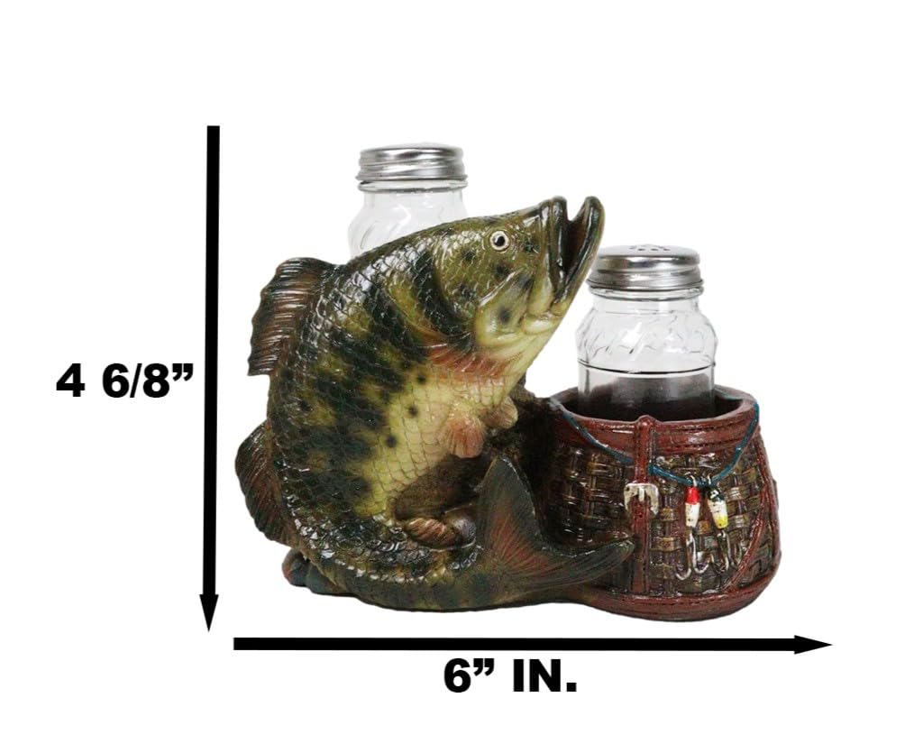 Ebros Gift Nautical Marine Fisherman Sea Bass Fishing With Tackle Box Wicker Saddle Bags Salt and Pepper Shakers Holder Figurine Set for Rustic Cabin Lodge Restaurant Bar Kitchen Decor