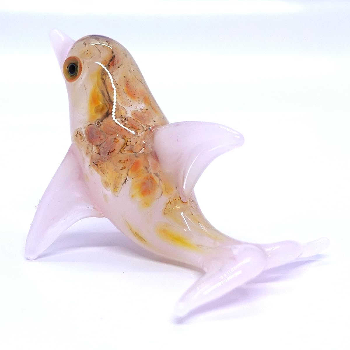 Sansukjai Dolphin Miniature Tiny Hand Blown Glass Art Figurines Sea Animals Ocean Collectible Gift Home Décor (Marble Orange Pink)