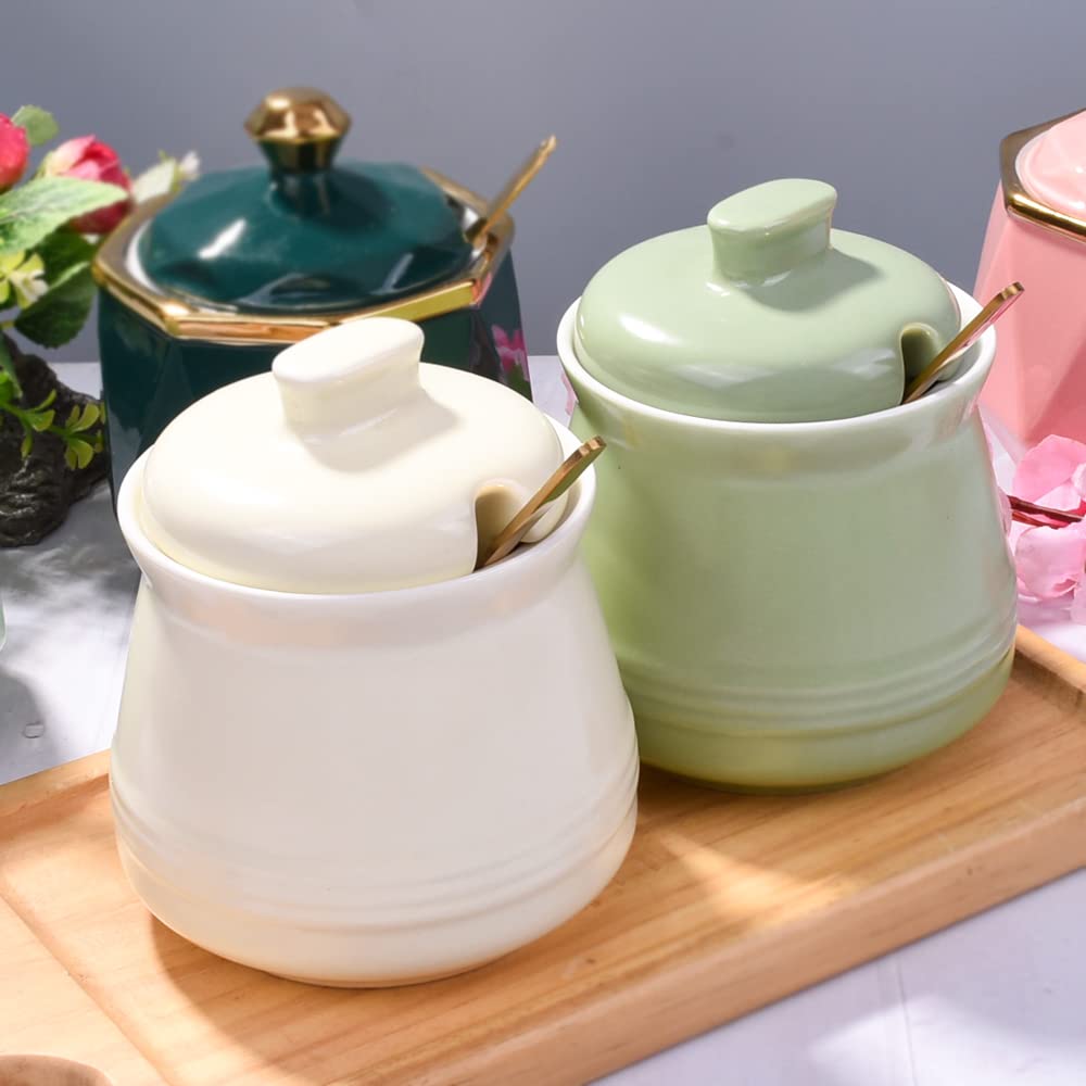 Sugar Bowl with Lid and Spoon, Ceramic Sugar Bowl,Multi-Function Sugar Container Spice Container Salt Jar Condiment Bowls Sugar Jar for Kitchen Storage Organization (Yellow)