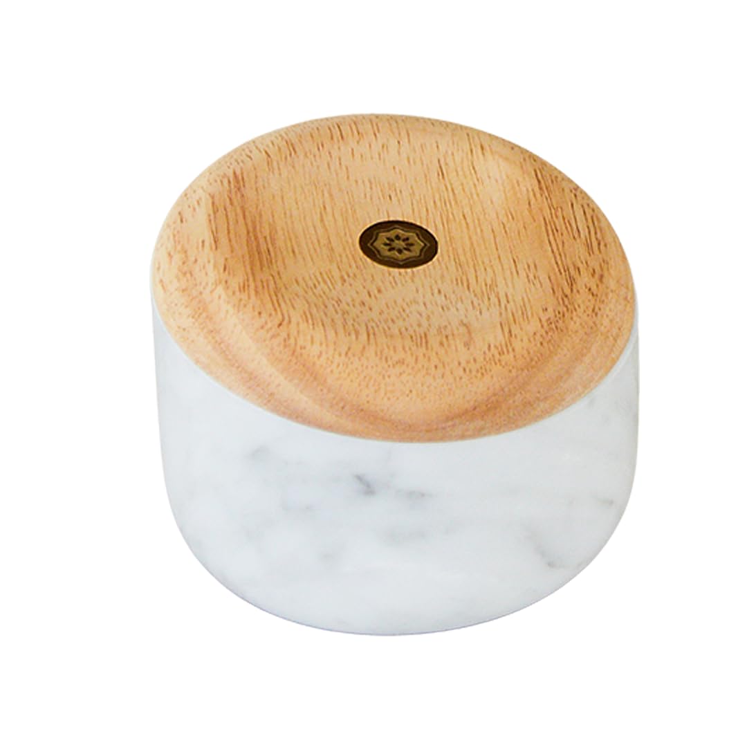 Evermill Salt Cellar (Salt Well) – Premium Marble or Concrete Container with Wooden Lid – Easy Access Kitchen Salt Box with Magnetic Swivel Lid – Includes Sea Salt (Marble with Oak)