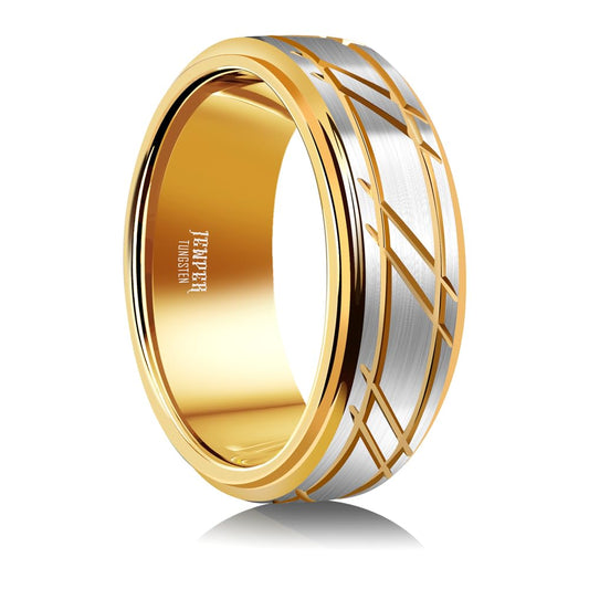 JEWPER 8mm Men Womens Wedding Band Tungsten Rings Gold Fashion Promise Carbide Silver brushed groove design on the outer ring Matte Finish Edge Comfort Fit size(13)