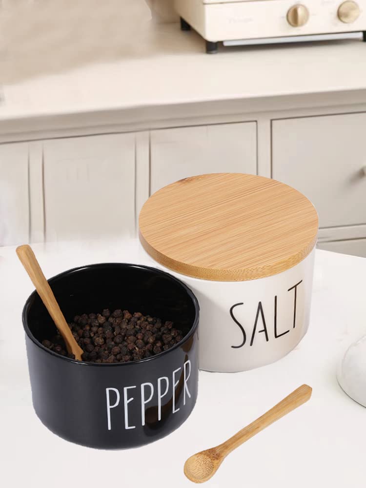 VICUKIE Farmhouse Salt And Pepper Bowls,Stacked Ceramic Salt Cellar With Bamboo Lid, Salt Container With Lid Spoon, Modern Farmhouse Kitchen Decor, Spice Box（Darker Black & White）