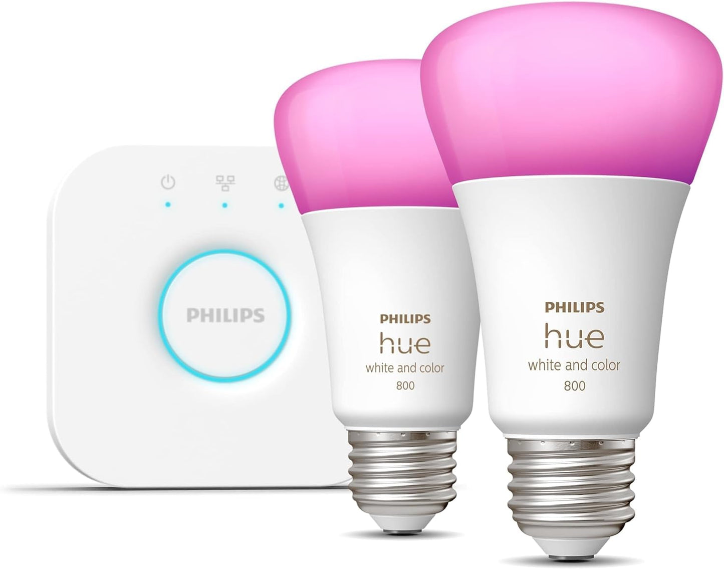 Philips Hue Smart Light Bulbs Starter Kit, Includes (1) Bridge, (2) 60W A19 Bulbs, White and Color Ambiance LED Color Changing Lights, 800LM, E26, Control with App or Voice Assistant