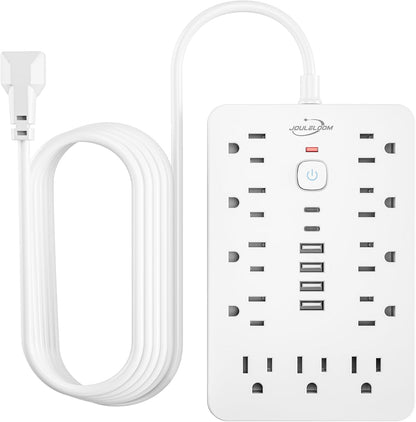 6 FT Flat Plug Surge Protector Power Strip,11 Multiple AC Outlets with 6 USB Ports (2 USB C), 6 Feet Extension Cord, 1250W/10A, One Touch Switch Button, 17 in 1 Compact powerstrip
