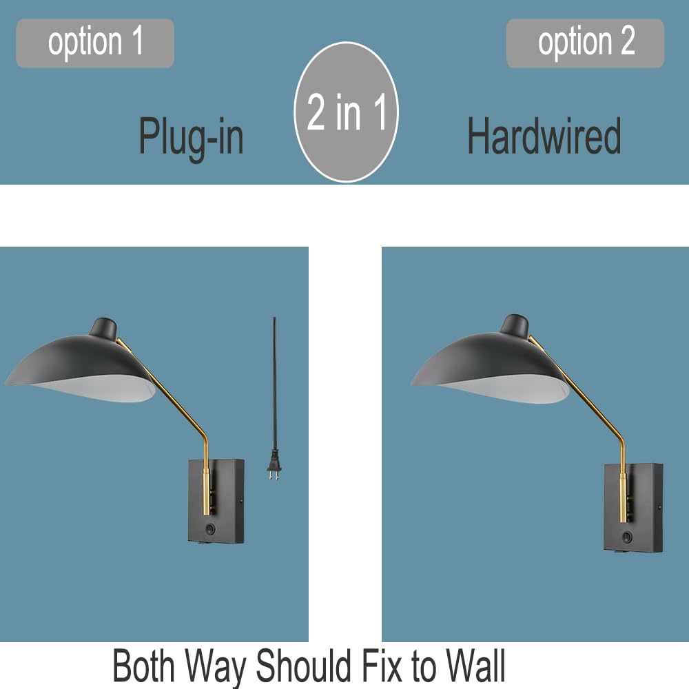 CLAXY Plug in Wall Sconces Swing Arm Wall Mounted Lighting Matte Black