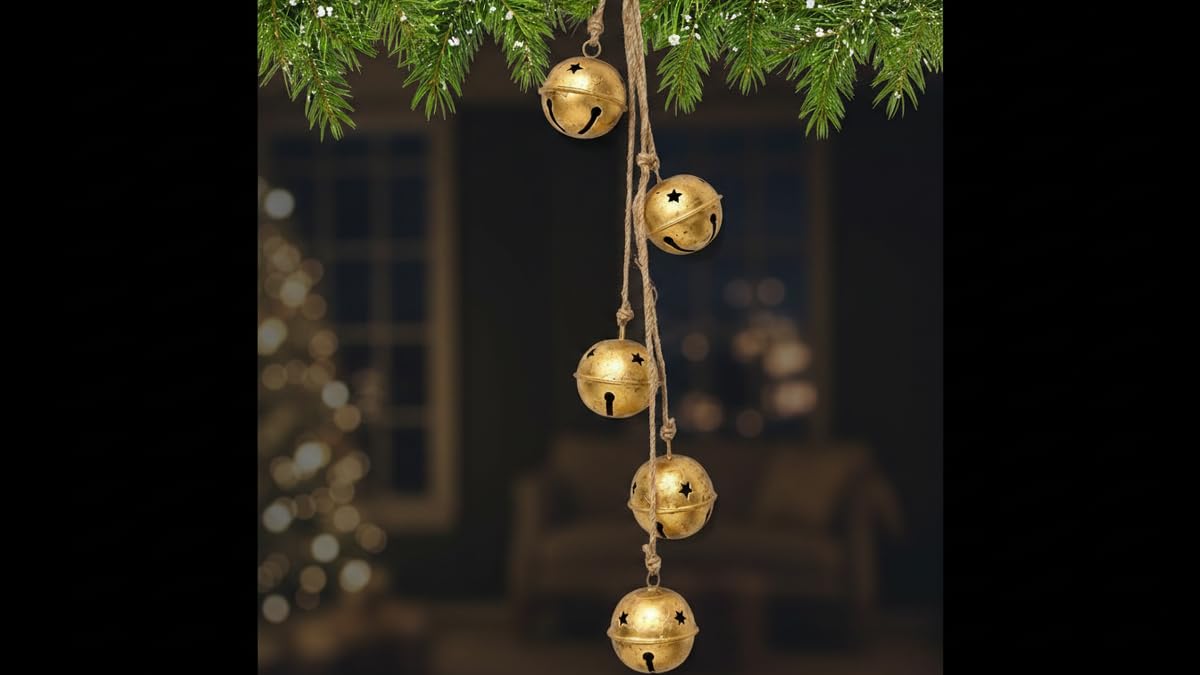 Rustic Handmade Christmas Hanging Bells for Door Chimes with Jute Rope – Farmhouse Shabby Chic Decorative Bells, Traditional Chime Bell Ghungru (18" with Rope) for Festive Home Decoration
