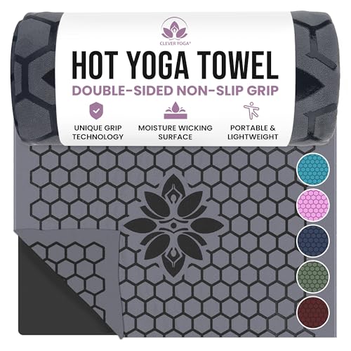 Clever Yoga Hot Yoga Mat Towel – Non-Slip Grip for Hot Yoga, Sweat Absorbent, Honeycomb Silicone Grip, Stays Flat – Ideal for Pilates, Travel, Washable & Lightweight - Dark Blue