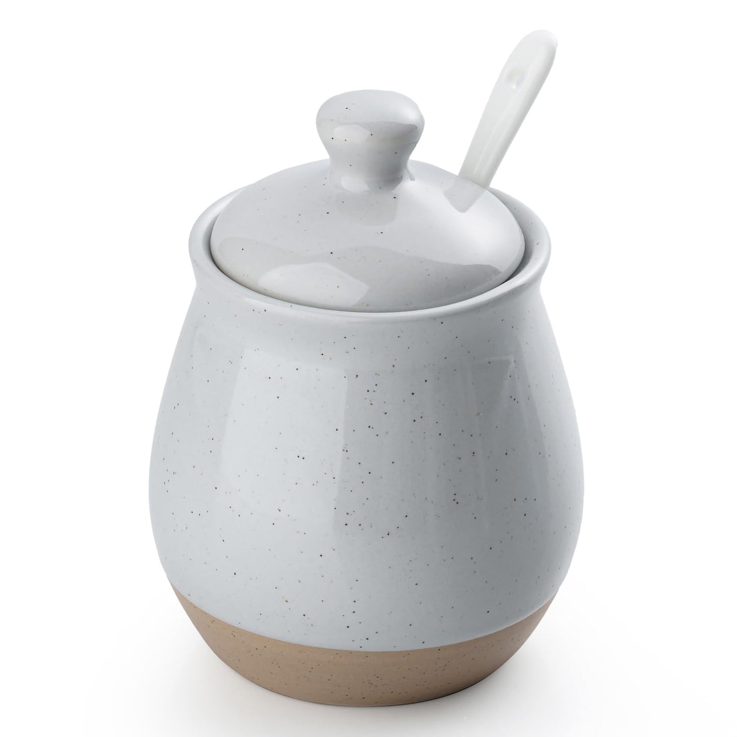 famiware Milkyway Sugar Bowl with Lid and Spoon, 10oz Ceramic Sugar Jar/Pot/Dispenser for Salt, Condiments, Spice, Seasonings, Sugar Container for Coffee Bar, Home, Kitchen, and Countertop, Light Gray