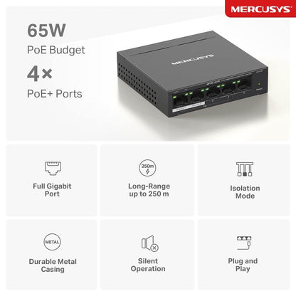 MERCUSYS MS105GP 5 Port Gigabit Network Switch, Ethernet Switch with 4-Port PoE+, 65W Total Budget , Metal Case, Desktop or Wall Mount, TP-Link Silent Operation, Power Saving, Plug & Play
