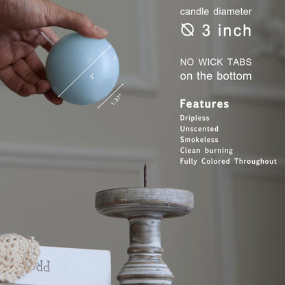 MOZEAL Hand-Poured, 3 Inch Baby Blue Round Ball Candles - Elegant Baby Blue Round Pillar Candles Set of 3, Dripless, Unscented, Smokeless, Ideal for Baby Showers.