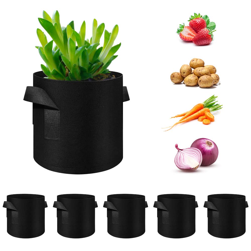 FineGearPow 5 Pack 15 Gallon Grow Bags, Heavy Duty Thickened Nonwoven Fabric Pots with Handles, Planter Grow Bags for Vegetables/Flower/Plant/Fruits, Black
