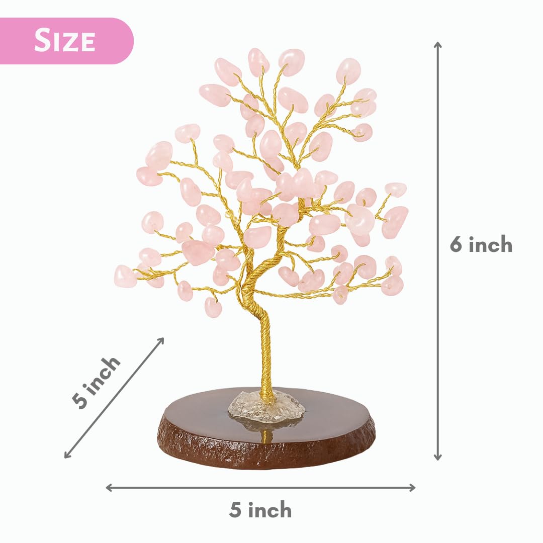 Real Crystal Tree of Life, Pink Rose Quartz Bonsai Money Tree with Agate Base, Spiritual Gemstone Feng Shui Decor with Gold Wire, Housewarming Birthday Gift (Rose Quartz (Pink))
