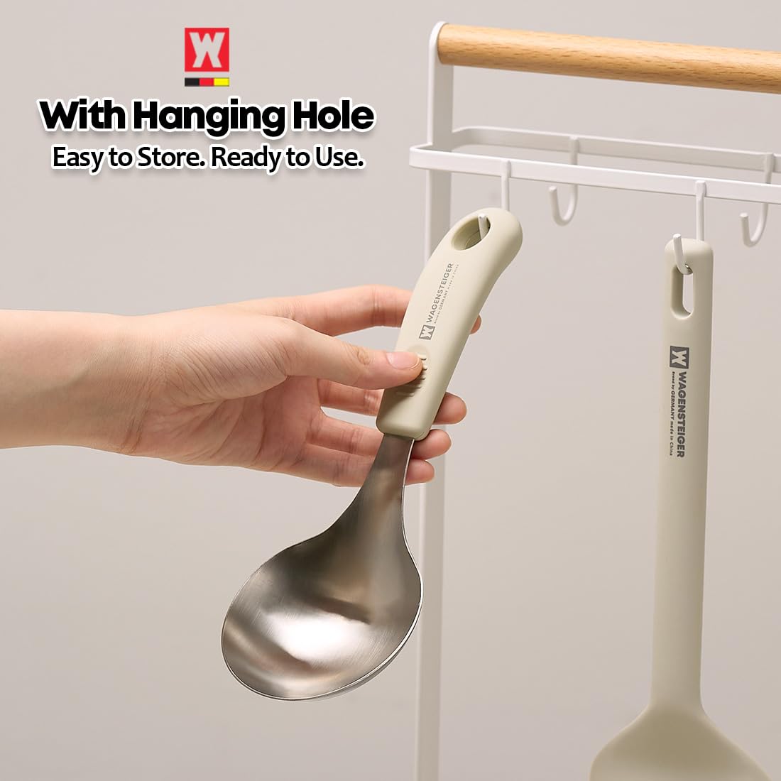 Short Stainless Steel Ladle 220mm (8.6”) – SUS304 Thick Deep Bowl Head with Soft-Grip Silicone Handle – Lightweight Mini Soup & Serving Spoon for Cooking – 5 Color Options (Ivory)