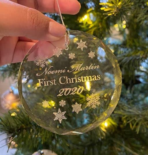 Personalized Crystal “First Christmas” Ornament – 3 in Round Keepsake with Gift Box & Ribbon – Custom Name & Year Baby, Couple or Family