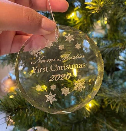 Personalized Crystal “First Christmas” Ornament – 3 in Round Keepsake with Gift Box & Ribbon – Custom Name & Year Baby, Couple or Family