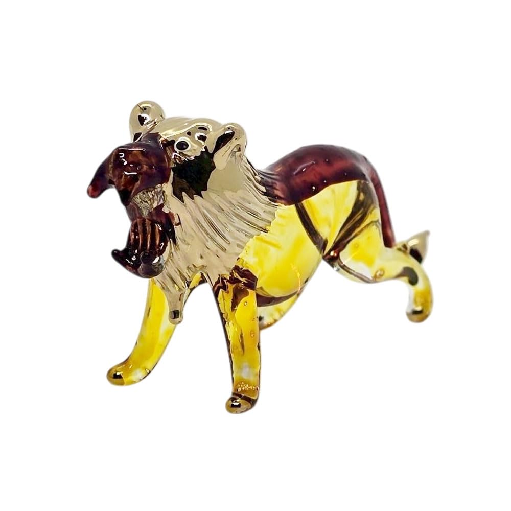 Mr_air_thai_Glass_Blown Tiny 2¾" Yellow Brown Gold Roar Lion - Miniature Hand Blown Glass Tigers Lions Panthera Wild Cats Crystal Wildlife Animal Decorative Figures Collectible Figurines Décor Gifts