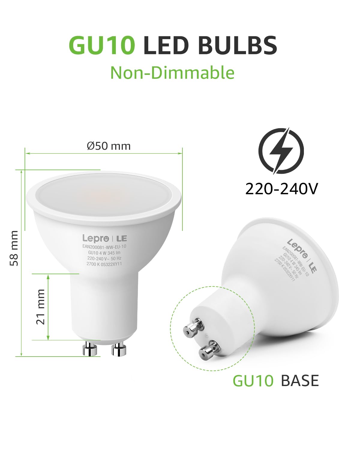 Lepro GU10 LED Bulbs, Warm White 2700K, 4W 345lm, 50W Halogen Spotlight Bulb Equivalent, Energy Saving GU10 LED Light Bulbs, 100° Wide Beam, Non-dimmable, Pack of 10