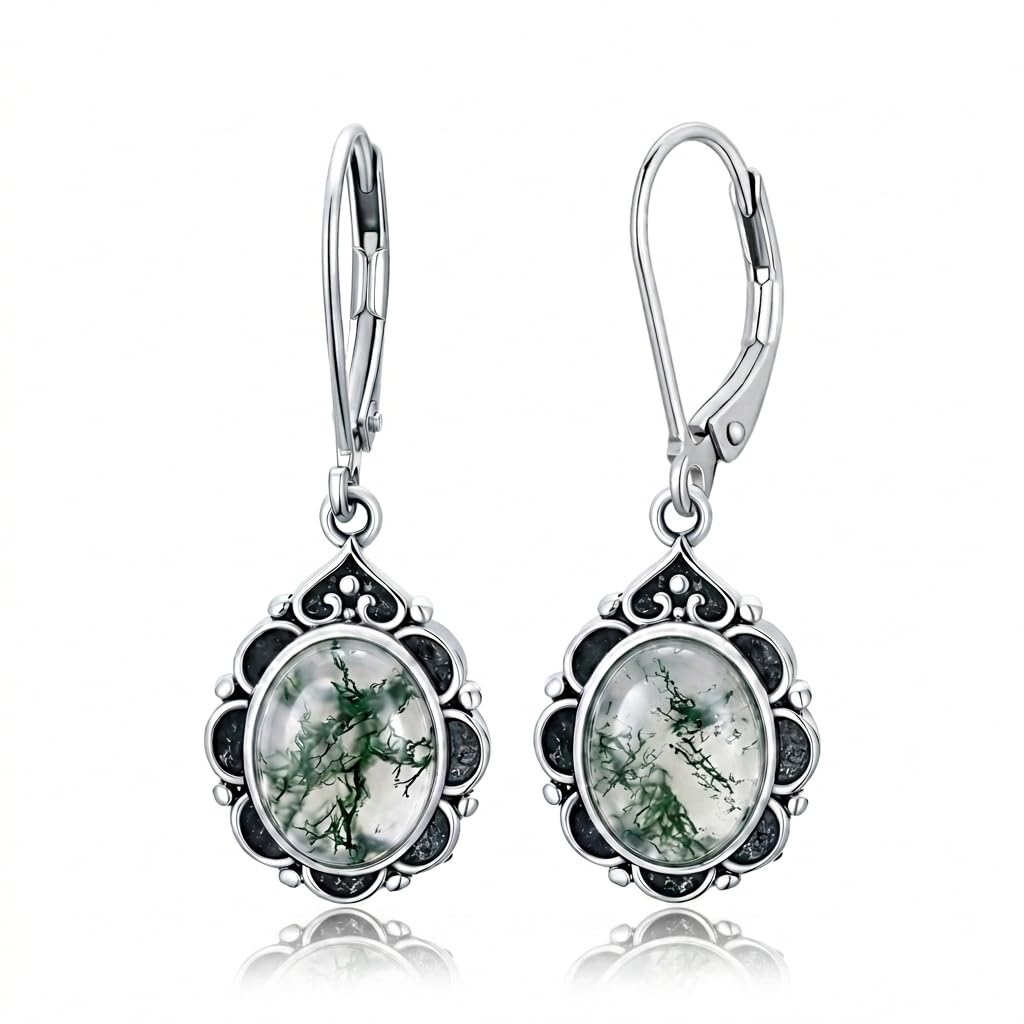 Moss Agate Drop Earrings for Women 925 Sterling Silver Vintage Oval 9x7mm Filigree Leverback Dangle Earrings, Gothic Victorian Antique Jewelry Gifts