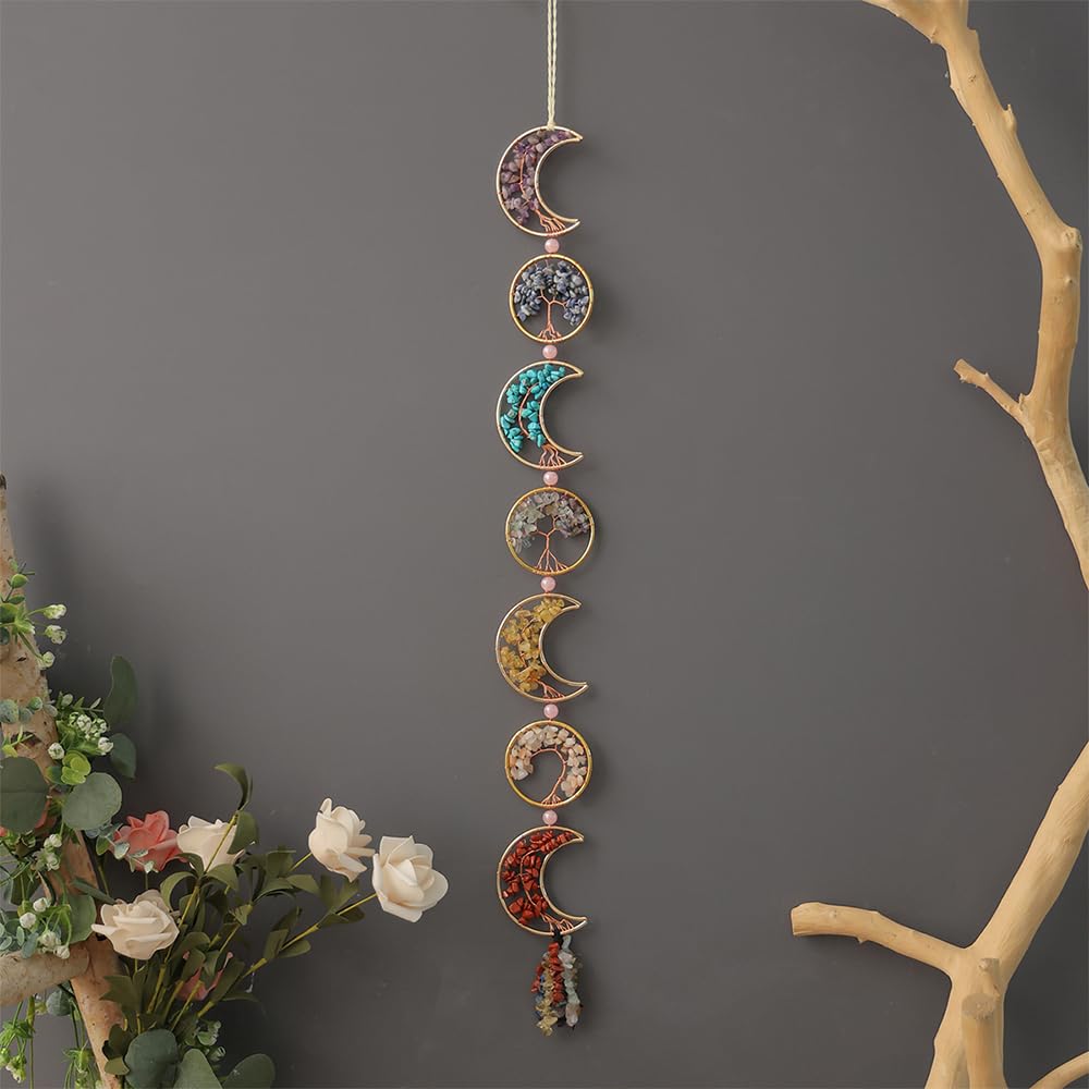 Chakra Wall Decor Tree of Life Crystal Stones Moon Wall Ornament Natrual Gemstones Hanging 7 Chakra Healing Crystals with Tumbled Tassel Suncatcher for Home Yoga Meditation Gift (Moons and Circles)