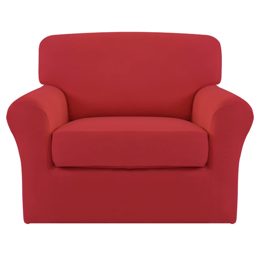 Easy-Going 2 Pieces Microfiber Stretch Chair Slipcover – Spandex Soft Fitted Sofa Couch Cover Washable Furniture Protector with Elastic Bottom Kids Pet Christmas Red