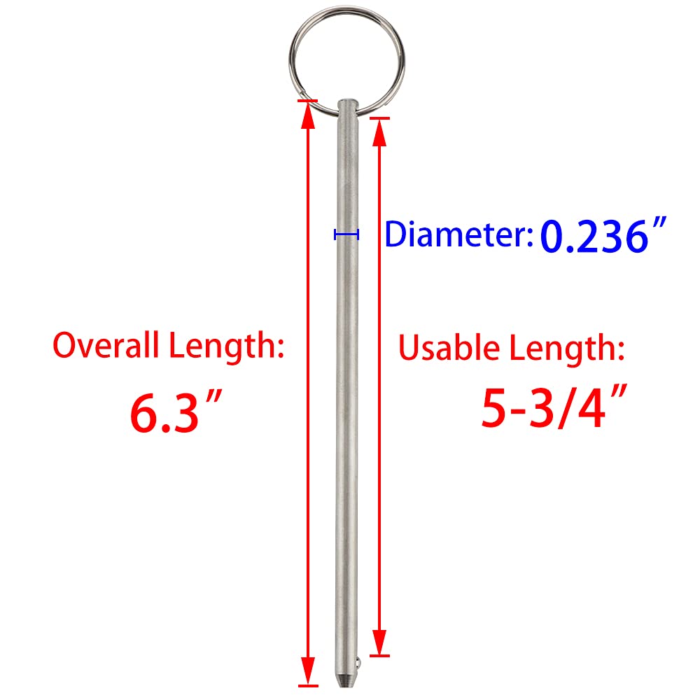 2 Pack Long Quick Release Pin, Diameter 0.236"(6mm), Usable Length 5-3/4"(146mm), Overall Length 6.3"(160mm), Full 316 Stainless Steel, Bimini Top Pin, Marine Hardware