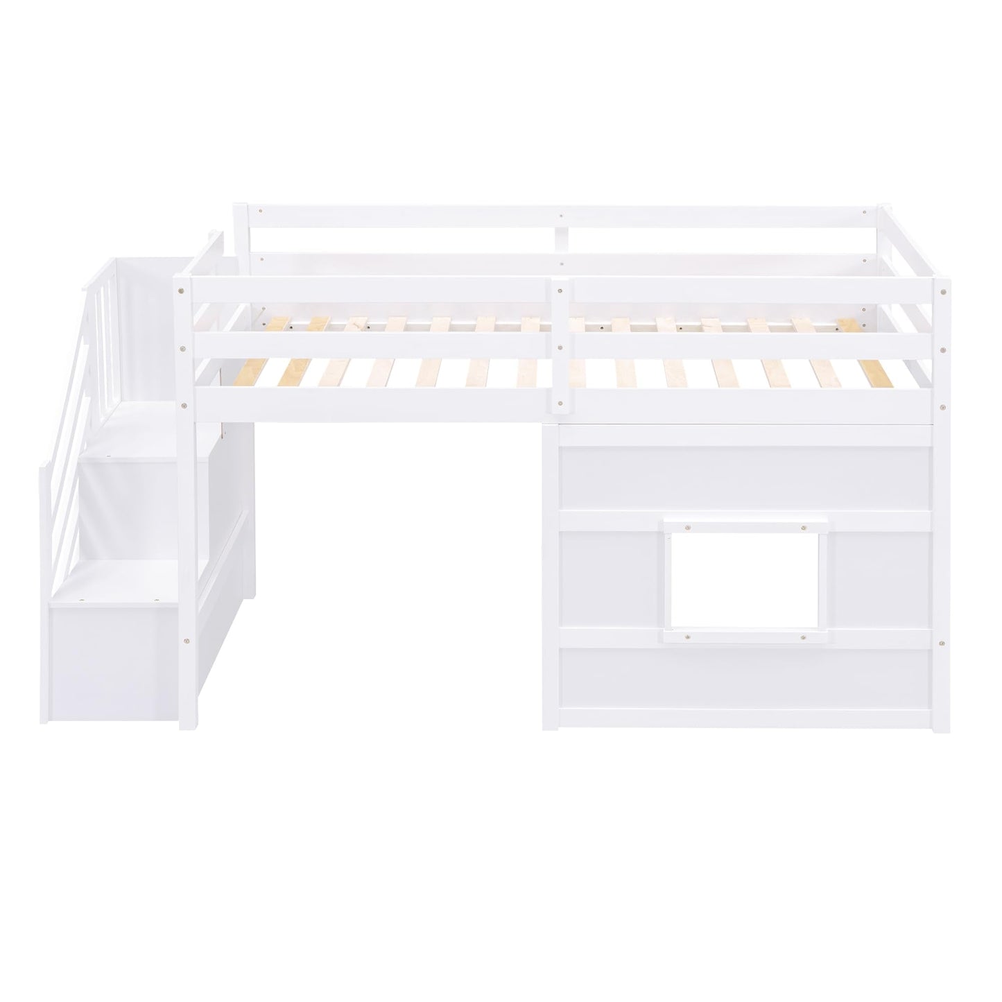 Harper & Bright Designs Twin Low Loft Bed with Staircase and LED for Kids,Wood House Loft Bed Frame with Window and Guardrails,White