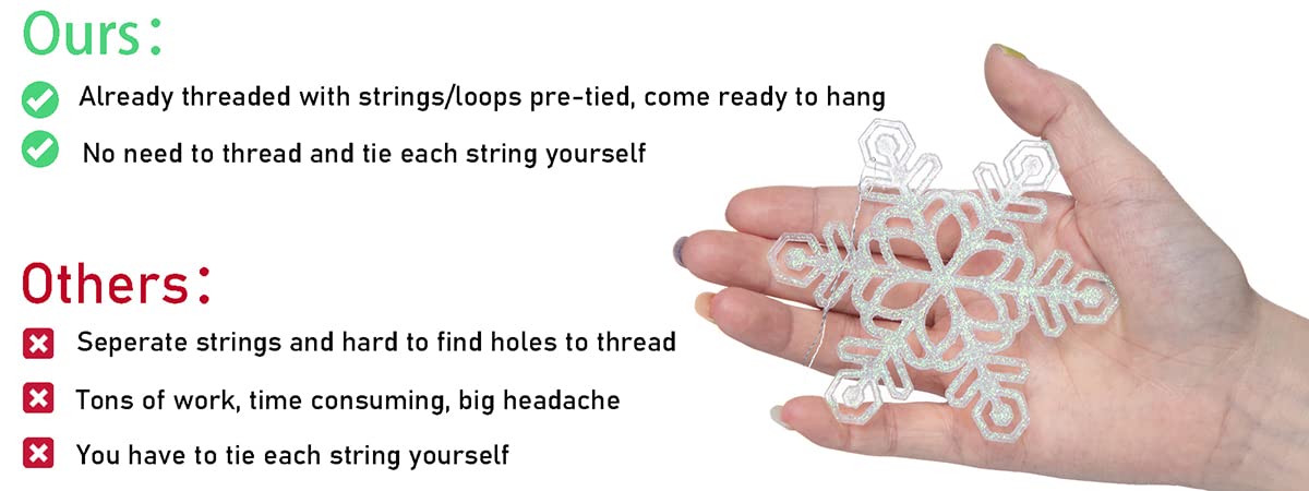 48pcs 4 Inch Pre-Strung White Snowflake Ornaments for Christmas Tree Decorations, Hanging Plastic Glitter Snowflake Christmas Ornaments Bulk in Iridescent White
