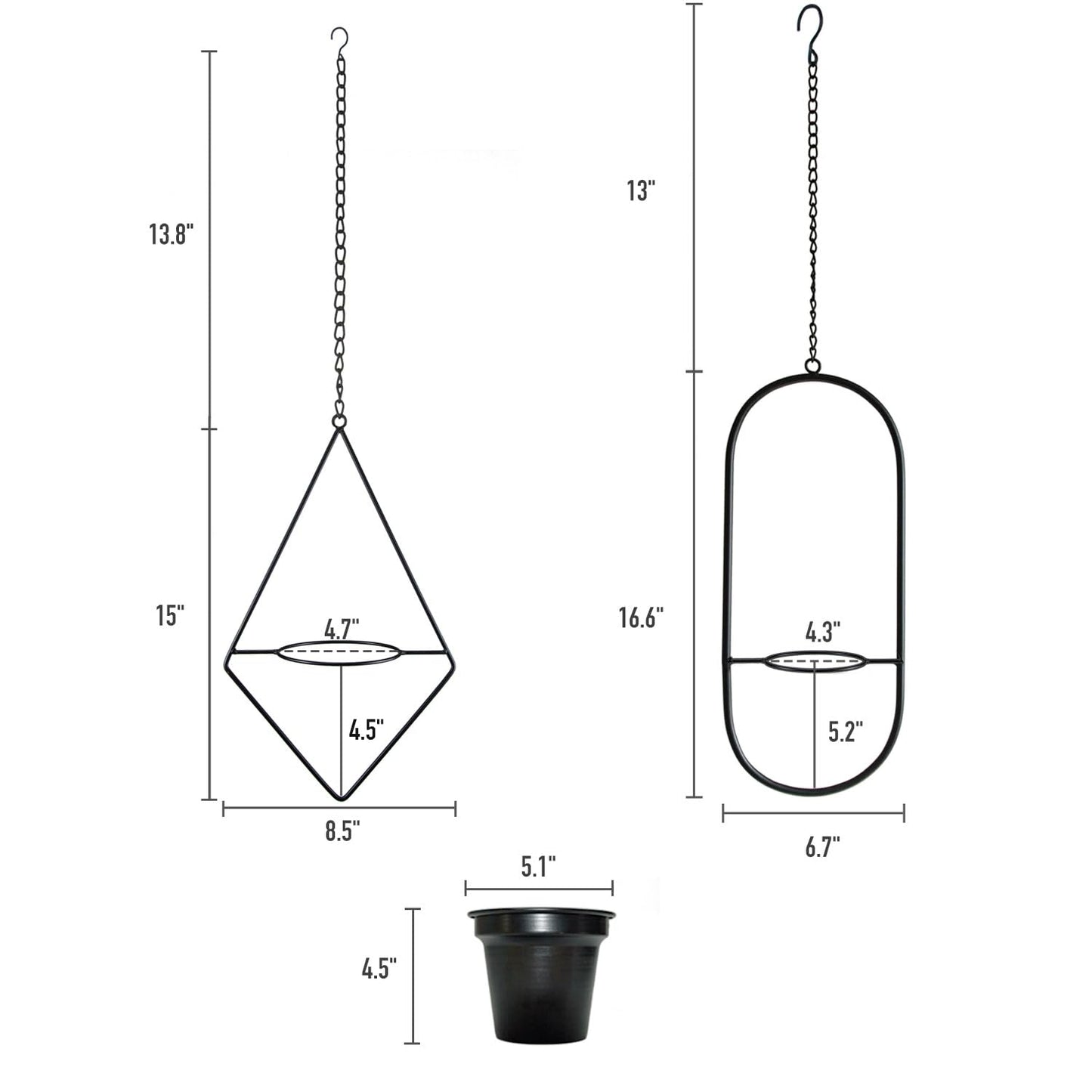 Metal Hanging Planters, Modern Plant Hanger with 5 inch Pot, Set of 4 Black Plant Holder, Small Wall and Ceiling Planter for Indoor Plants, Home Décor