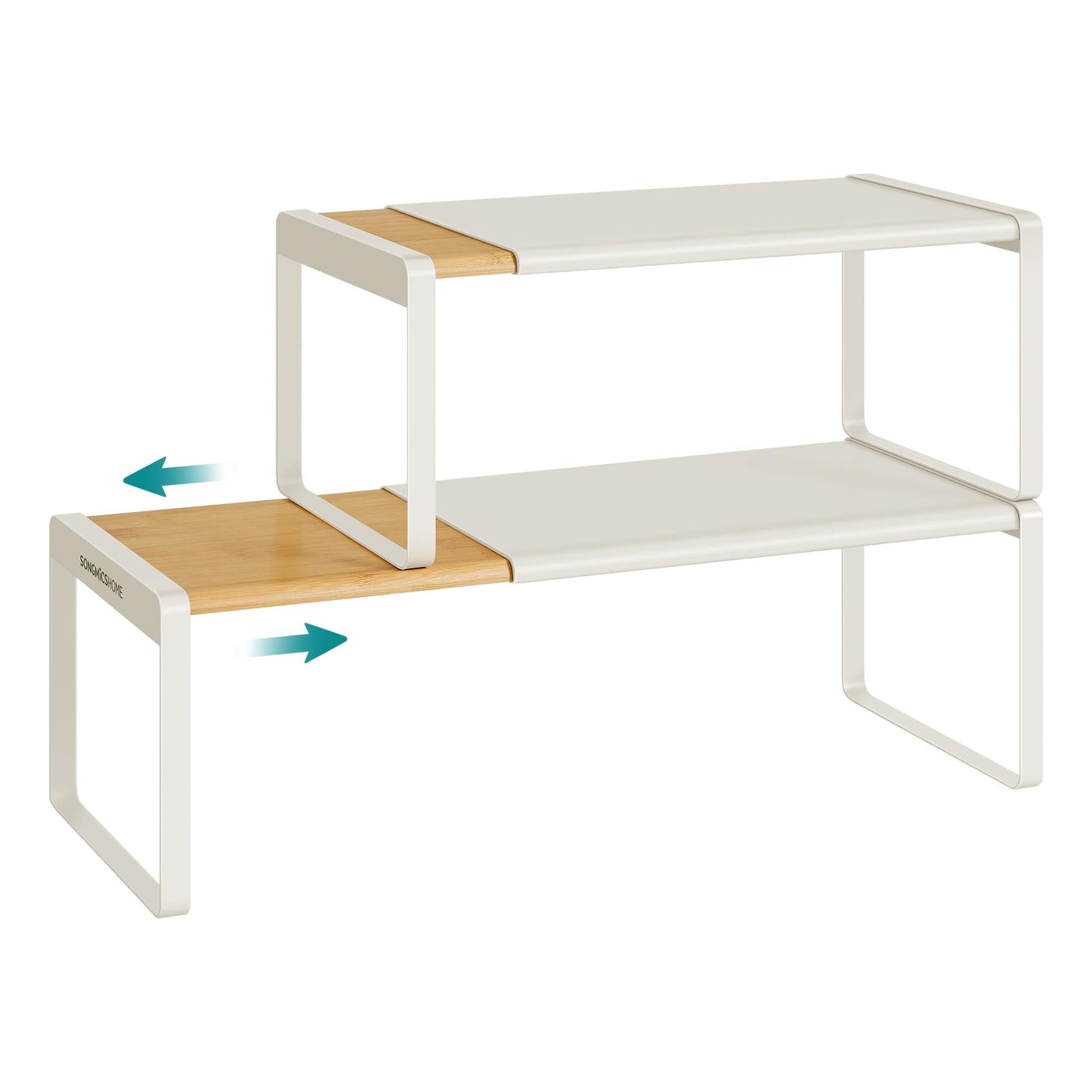 SONGMICS HOME Spice Racks, Expandable Cupboard Shelf Orgnizers, Kitchen Counter Shelves, Bamboo and Metal, Space-Saving Shelving, Stackable, Light Bamboo and Cream White UKCS051N01