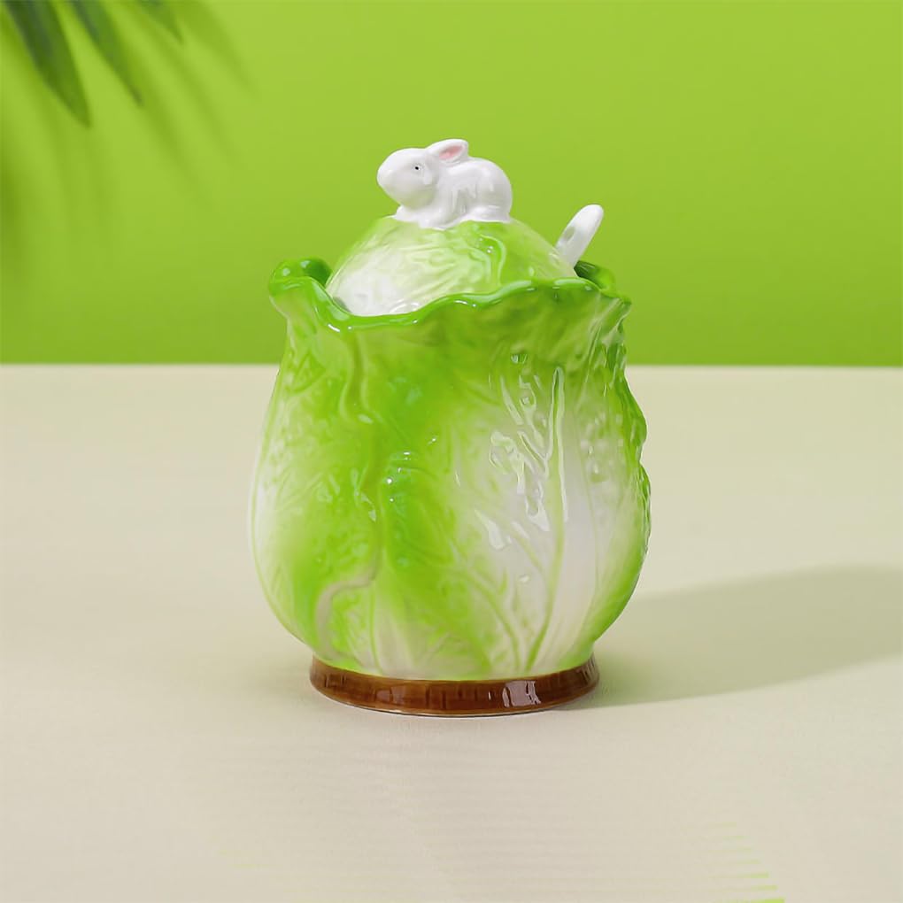 WAIT FLY Cabbage and Rabbit Ceramic Sugar Bowl with Lid and Spoon, Sugar Container, Sugar Jar for Kitchen Countertop, Coffee Bar
