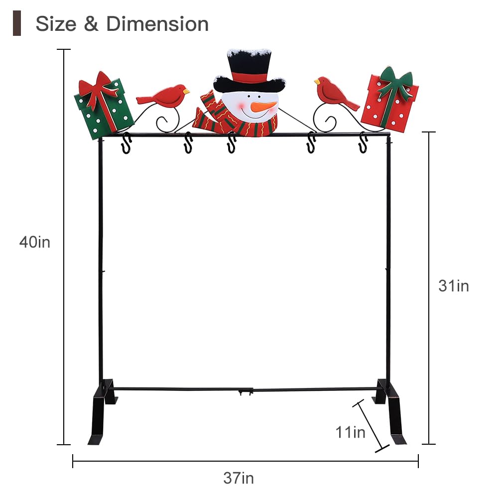 YEAHOME Christmas Stocking Holder Stand, Metal Freestanding Stocking Stand with Snowman Red Bird Xmas Gifts Box, 5 Hooks Stocking Hanger for Christmas Decorations Indoor Home Living Room Fireplace