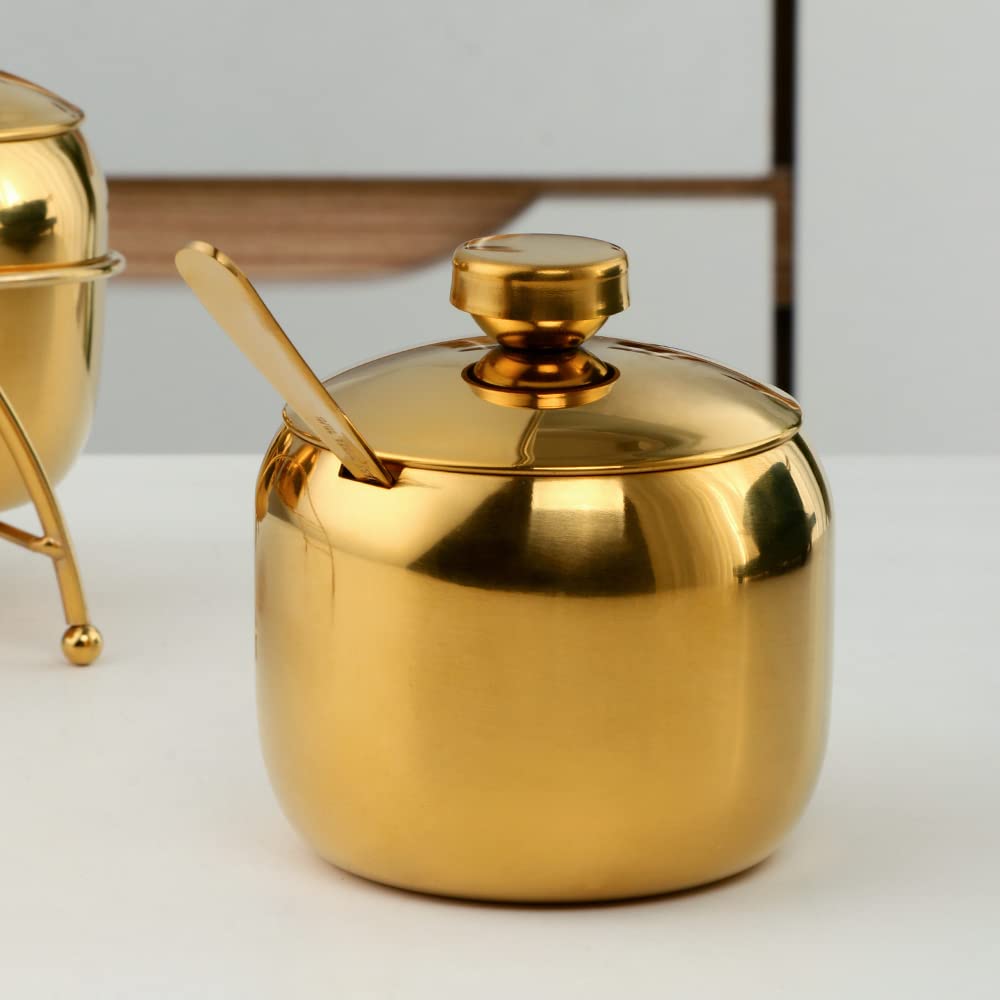 Color ME! Stainless Steel Condiment Pots Color Me Kitchen Condiment Jars with Lids and Spoons Shatterproof Metal Seasoning Jars for Home and Restaurant, Large Capacity, (11.84 Oz), Gold