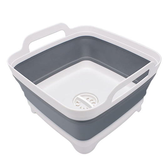 2.4 Gal(9L) Collapsible Dish Basin with Drain Plug, Space Saving Outdoor Multiuse Foldable Sink Tub, Dishpan, Kitchen Storage Tray for Camping, Vegetable Washing, RV (Gray)