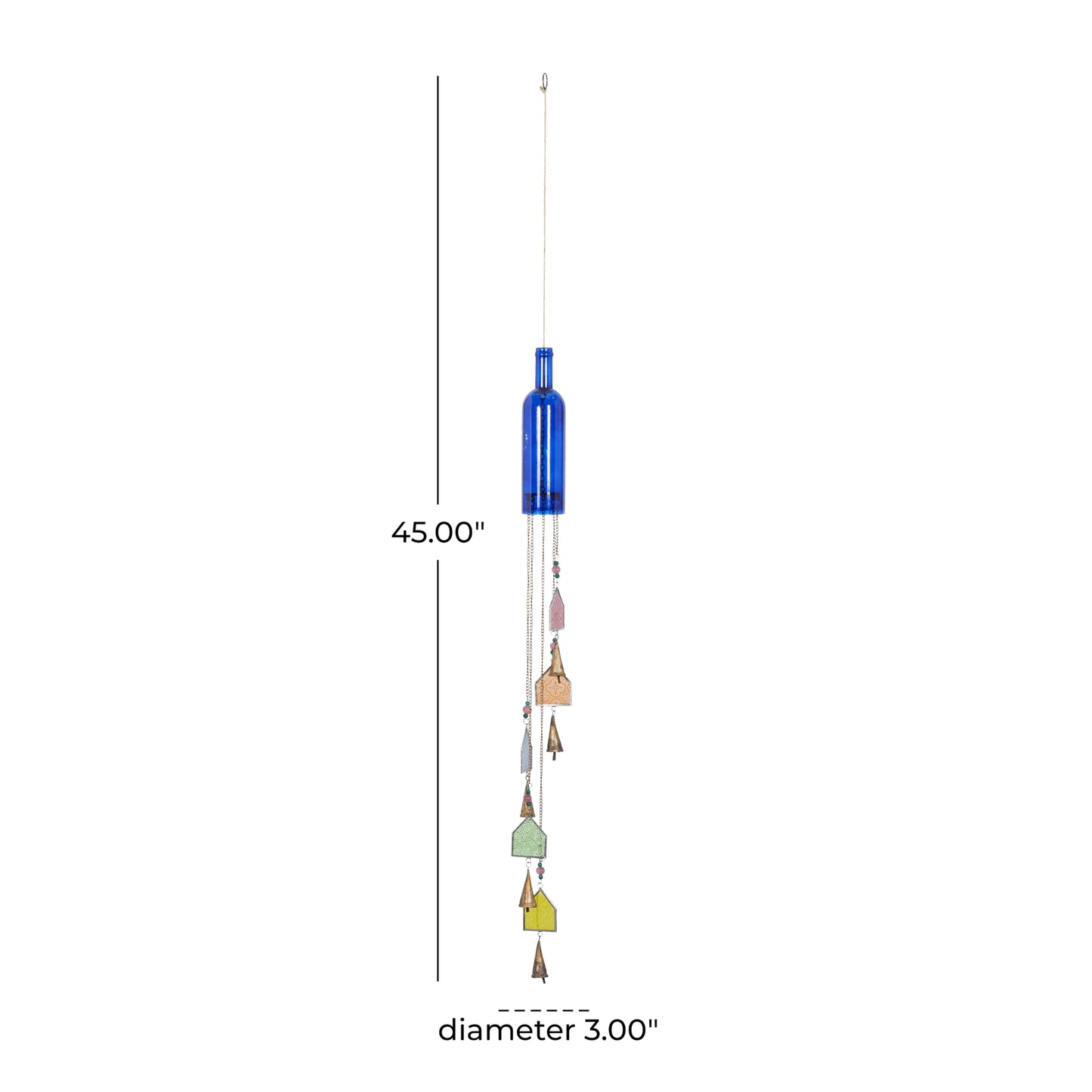 Deco 79 Glass Glass Bottle Windchime with Beads and Cone Bells, 3" x 3" x 41", Blue
