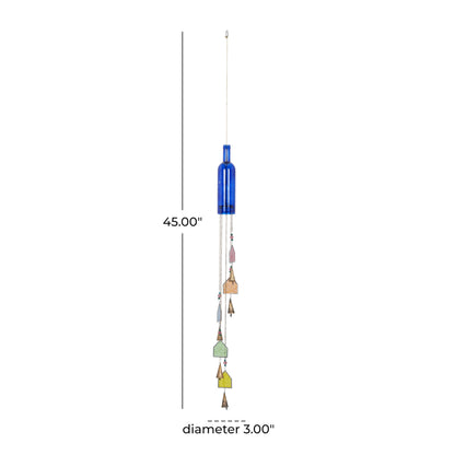 Deco 79 Glass Glass Bottle Windchime with Beads and Cone Bells, 3" x 3" x 41", Blue