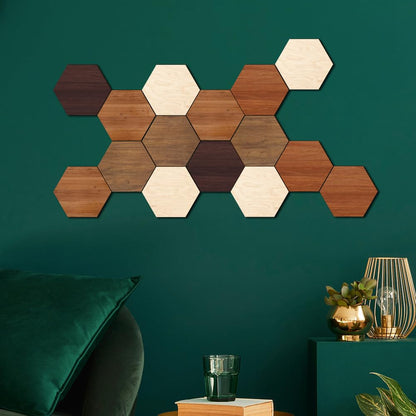 Wooden Multi Color Wall Art Decals, 15 PCS 3D Hexagon Wall Tiles for Office, Living Room, Bedroom, Home