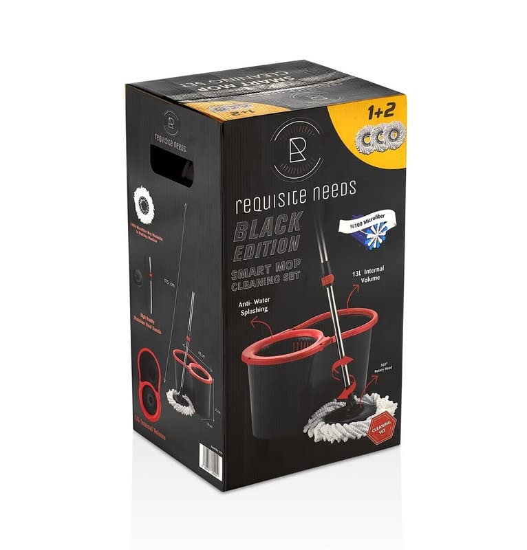 Requisite Needs Smart Spin Mop and Bucket Set – Black edition – Anti-splashing Strong And Sturdy Material – Easy Floor Moping System – 1x Bucket + 3 Replacement Mop Heads – 13 Liter (Mop + Bucket)