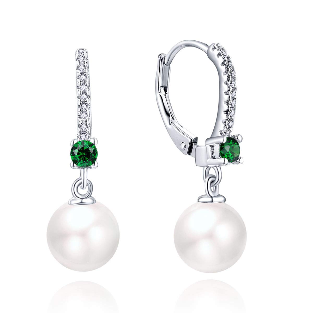 JO WISDOM Pearl Earrings,925 Sterling Silver 8mm Pearl Leverback Drop Earrings with 3A CZ May Birthstone Emerald Color,Wedding Earrings