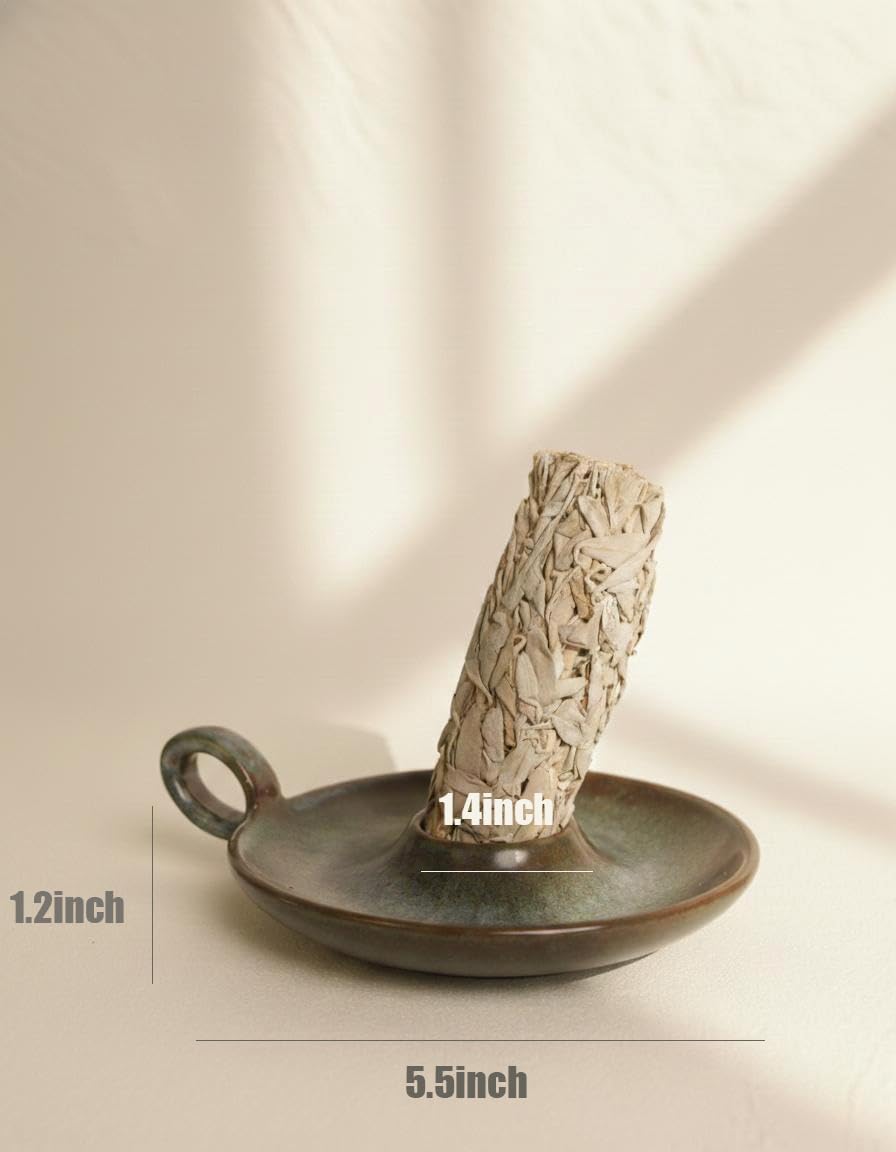 Klin-Transformation Glaze Green Incense Holder，Handcrafted Ceramic with Unique Flowing Colors & Handle for Sage, Palo Santo, Good for Meditation & Yoga Gift