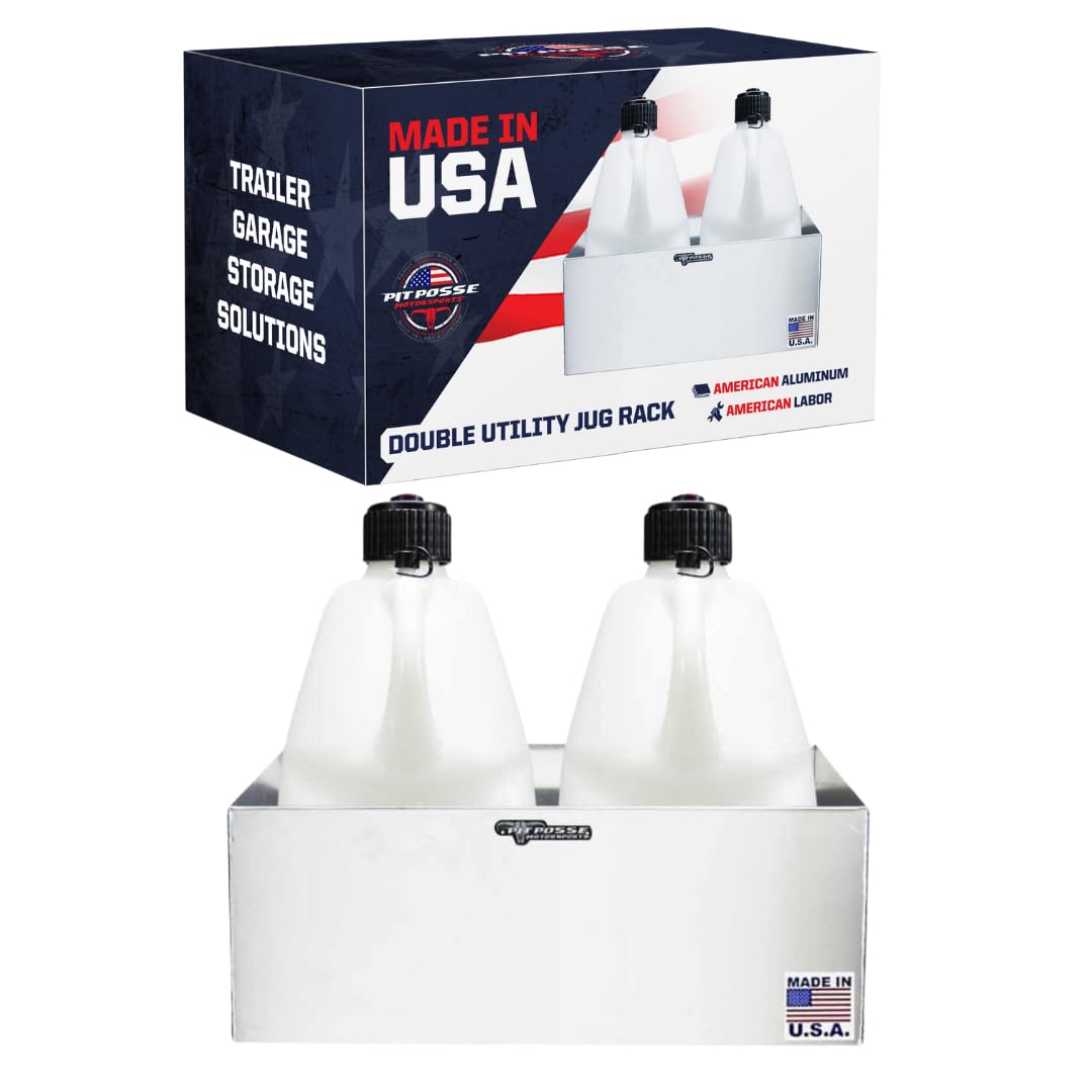 Pit Posse 430 Double Aluminum Utility Fuel Jug Holder Rack Fits Two 5 Gallon Gas Containers - Made in USA - Storage Organizer Enclosed Race Trailer Garage Shop (Silver)