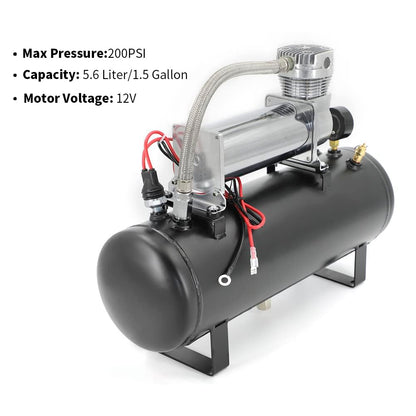 CNRAQR200PSI 12V Heavy Duty Air Train Horn/Air Ride Suspension Compressor with 2 Gallon (8 Liter) Train/Air Horn Tank