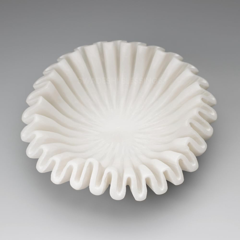 SWADESHI BLESSINGS HandCrafted Marble Ruffle Bowl, Large Decorative Bowl for Home Decor, Key Bowl for Entryway Table, Scalloped Bowls for Dining Table Centerpiece Decor, Catch All Bowls, 9"