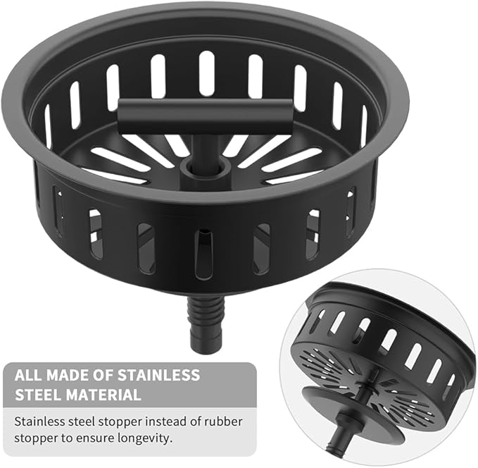 KONE Black Kitchen Sink Drain Matte Black Sink Strainer 3-1/2 Inch Drain