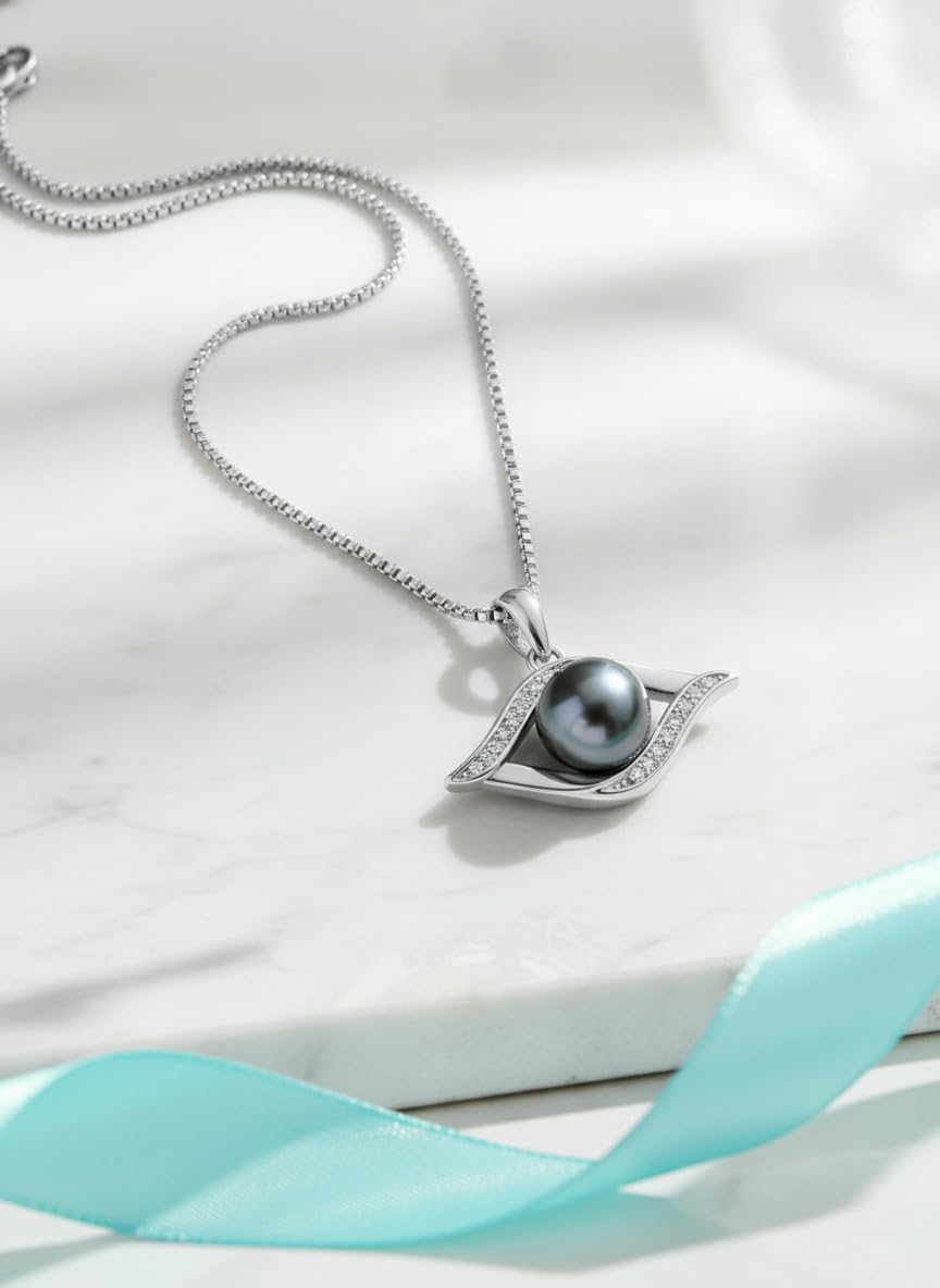 KANNSOAR Tahitian Black Pearl Necklace 18K White Gold Plated Sterling Silver Evil Eyes Pendant Black Pearl Necklace Jewelry for Women Gifts for Wedding Christmas Anniversary Birthday