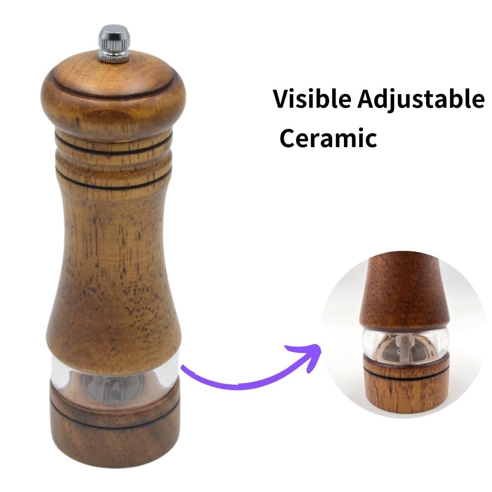MASALACO Classic Salt and Pepper Grinder Set,Refillable Salt and Pepper Mills,Manual Oak Wood Salt Grinder,Pepper Grinder,Visible Adjustable Ceramic Grinding Rotor,2 Packs Set,6.5 Inch Each