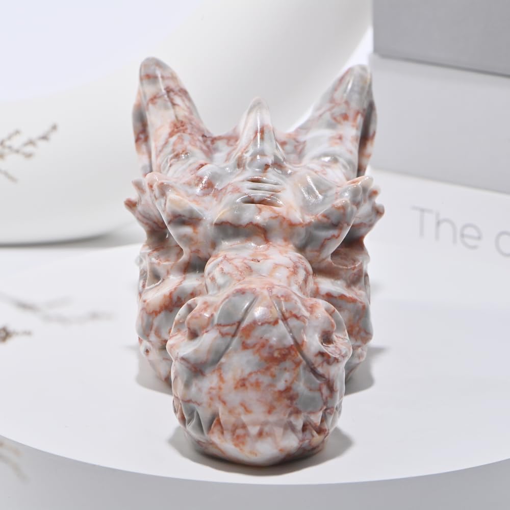 Bmuafry 6''Natural Dragon Head Crystal Skull Head Hand Carved Reiki Healing Stone Statue Healing Home Office Art Room Decoration (Red Grid, 6inch)