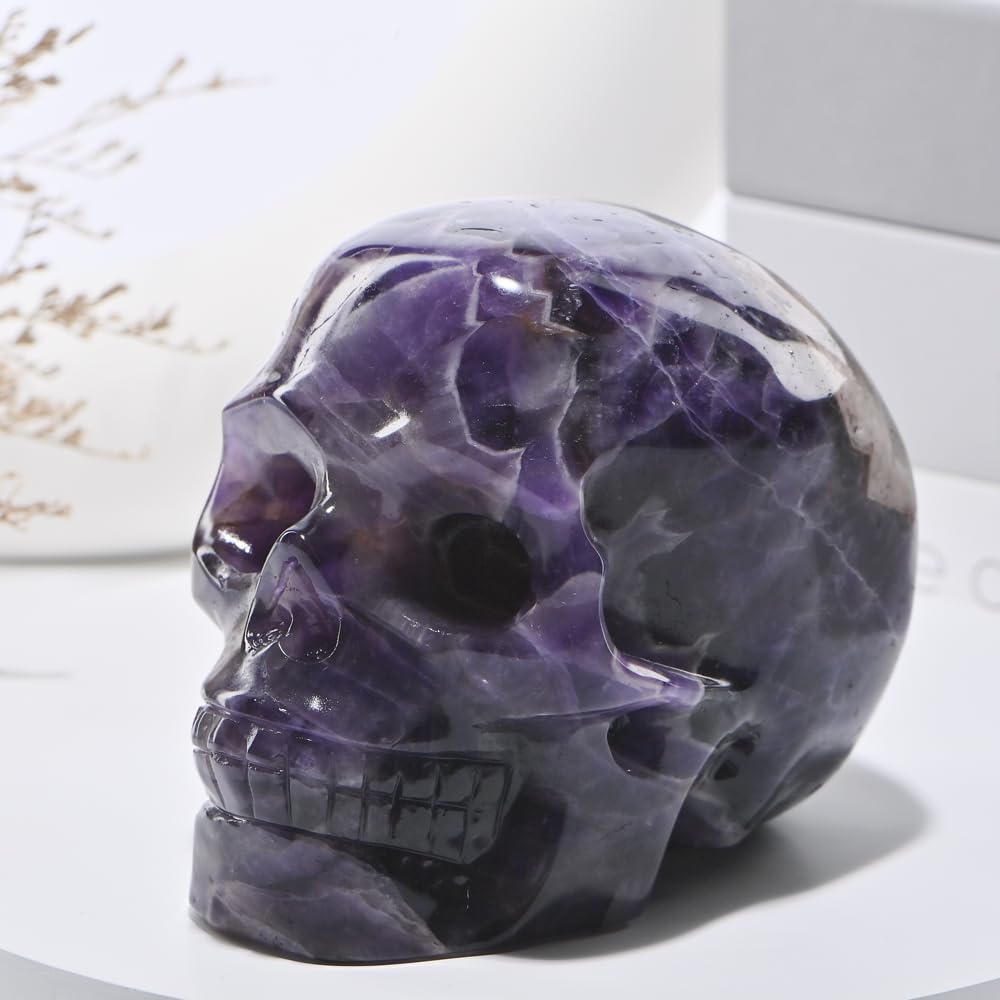 Bmuafry 5''Natural Dreamy Amethyst Crystal Skull Head Hand Carved Reiki Healing Stone Statue Healing Home Office Art Room Decoration